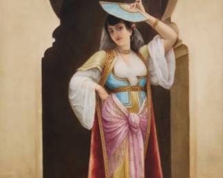 1215 A German painted porcelain Orientalist portrait plaque Possibly KPM, early 20th century Depicting a robed woman posing with a fan in a keyhole doorway Sight: 8.75" H x 5.875" W Estimate: $1,000 - $2,000
