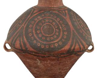 1028 A Chinese Neolithic style painted pottery jar 20th century or earlier With opposed handles, decorated with concentric circle motifs 13.75" H x 13.625" W x 12" D Estimate: $600 - $800
