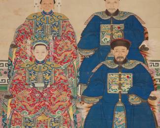 1042 A 19th century Chinese group ancestor portrait Pigment and gold on paper laid to fabric Unsigned Image/Sheet: 60" H x 37" W Estimate: $1,200 - $1,800