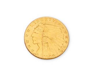1324 1908 $2 1/2 Indian Head Gold Quarter Eagle Measures: 0.75" Dia. 4.0 grams gross Estimate: $300 - $500