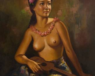 1327 Mario Casañas (active 1930s-1970s) Seated semi-nude portrait of a woman, 1961 Oil on canvas Signed, dated, and inscribed lower right: M Casañas / 61 / "Manila" 28" H x 22" W Estimate: $500 - $700