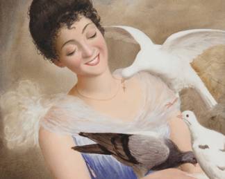 1216 A painted porcelain plaque in Florentine style giltwood frame 19th century Depicting a woman in a blue dress playing with pigeons Sight: 9.5" H x 6.5" W Estimate: $600 - $800