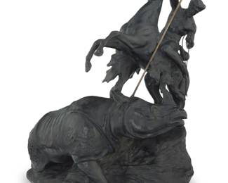 1219 A Stellmacher Teplitz Amphora porcelain sculpture Late 19th/early 20th century Impressed to underside: STELLMACHER / TEPLITZ / 627 / 15 With matte black glaze, depicting a hunter and rhinoceros, with metal spear 23.25" H x 19.5" W x 13.5" D Estimate: $1,000 - $2,000