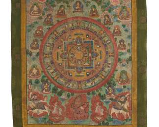 1162 A Buddhist deity assembly mandala 19th century or later, Tibet or greater Vajrayana diaspora The central geometric mandala panel depicting various Buddha figures, deities and scenes, all surrounded by multiple deities, some within clouds, and some within flames, painted in multicolored pigment on likely cotton, and bordered by green and gold brocade fabric, the scroll professionally mounted to a fabric backing panel and framed under Plexiglas Sight: panel: 34" H x 24" W; scroll: 50 " H x 34" W approximately Estimate: $800 - $1,200