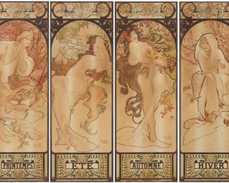 1121 Alphonse Mucha (1860-1939) "The Four Seasons," 1897 The set of four lithographs in colors on four sheets of paper laid to boards Each from the edition of unknown size Each unsigned as issued; with the artist's name printed lower right and the individual seasons printed lower center, in both cases as part of the image; Champenois, Paris, France, prntr. Image of each: 16.75 x 5.75" W; Sheet of each: 17" x 6" W (approx.) Estimate: $500 - $800
