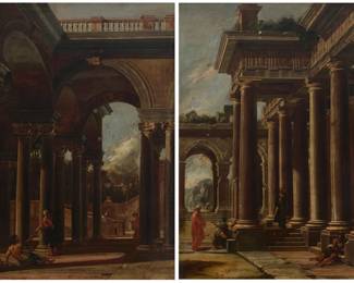 1269 18th Century Italian School Two works:  A capriccio scene with three figures in the foreground Oil on canvas laid to canvas Unsigned; with a faint, indistinct inscription on the verso of the relined canvas: "4" / [?] / "Hansen [?]" 38.875" H x 29.5" W  A capriccio scene with four figures in the foreground Oil on canvas likely laid to canvas Unsigned 38.25" H x 28.5" W Estimate: $3,000 - $5,000