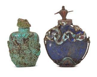 1145 Two Chinese carved stone snuff bottles Late Qing Dynasty (1644-1912) or later Comprising one carved turquoise bottle and a lapis lazuli bottle mounted with turquoise and enameled metal dragon accents 2 pieces Turquoise: 2.625" H x 1.75" W x 0.875" D; Lapis: 3.125" H x 2.375" W x 1.25" D Estimate: $1,000 - $1,500