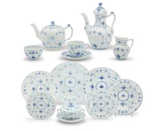 1245 A Royal Copenhagen porcelain 'Blue Fluted' part breakfast service Mid-20th century Each with green printed factory mark above underglaze blue wave and green painted pattern '1' over shape number Comprising: 10 large dinner plates (10.875") 4 luncheon plates (9") 2 round serving plates (10.125") 5 rim soup bowls (8.375") 8 dessert plates (6.75") 4 bread & butter plates (6.125") 8 cream soup cups (2.5" H), 4 with lids (3.875" H) 12 large saucers (6.375") 3 flat coffee cups (3.125" H) 7 teacups (2.625" H) 6 small saucers (5.375") 2 flat cups (2.375" H) 3 egg cups (2.125" H) 1 teapot (5.5" H) 1 coffee pot (8.875" H) 1 creamer (4.125" H) 1 mini open sugar (2.125" H) 78 pieces Estimate: $1,200 - $1,800