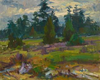 1203 Sergei Bongart (1918-1985) Landscape with trees, 1970 Oil on canvas Signed and dated upper left: S. Bongart 70.; signed again verso: Sergei Bongart. 24" H x 30" W Estimate: $1,000 - $1,500