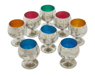 1222 A set of eight Gorham enameled sterling silver cordials Early 20th century Each marked for sterling with factory mark and numbered: 955 Each with enameled interior 8 pieces Each: 1.875" H x 1.625" Dia. Total weight: 5.2 oz. troy approximately Estimate: $200 - $300
