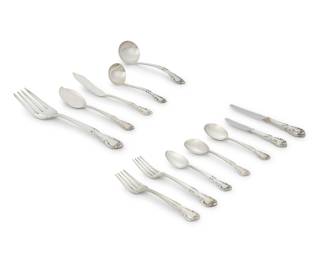 1220 An Easterling sterling silver 'American Classic' flatware service Mid-20th century Designed 1944 Each marked for maker and sterling Comprising: 15 dinner knives (8.875") 3 master butter knives (7") 10 butter spreaders (6.875") 14 dinner forks (7.25") 12 salad forks (6.625") 12 teaspoons (6") 9 cream soup spoons (6.375") 3 sugar spoons (6") 1 gravy ladle (6.5") 1 sauce ladle (5.125") 1 serving fork (8.125") 1 jelly server (6.125") 82 pieces Total weighable sterling: 68.4 oz. troy approximately Estimate: $2,000 - $3,000
