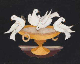 1254 An Italian pietra dura plaque Early 20th century Depicting four doves on a water basin Sight: 3" H x 4.5" W Estimate: $700 - $900