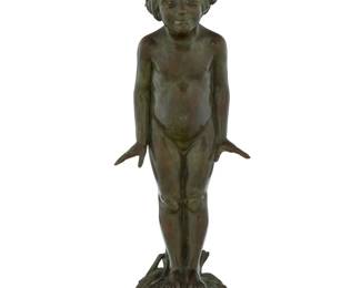 1123 Edward Berge (1876-1924) "Wild Flower," modeled 1923 Verdigris patinated bronze From the edition of unknown size Signed in the casting: E. BERGE; foundry mark: ROMAN BRONZE WORKS / N-Y-; incised to interior: No. 78 20.375" H x 7.5" W x 7" D Estimate: $800 - $1,200