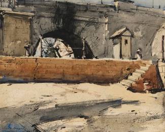 1275 Sergei Bongart (1918-1985) "Old Bridge (Seville)" Watercolor, gouache, and ink on paper Signed lower left: Sergei Bongart; titled on an exhibition label affixed to the frame's backing board Sight: 20" H x 24.5" W Estimate: $400 - $600