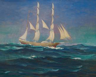 1094 20th Century Maritime School Ship in rough seas Oil on panel Signed indistinctly lower right: *Lion 25.5" H x 33.5" W Estimate: $400 - $600