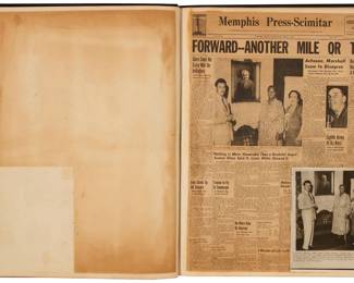 1020 A scrapbook relating to Sergei Bongart (1918-1985) Comprising newspaper and catalog cutouts, exhibition labels, photographs, and other ephemera relating to Sergei Bongart's life and work between roughly 1949 and 1957 23.5" H x 19.25" W x 2" D Estimate: $500 - $700