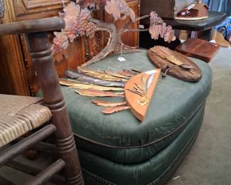 Sumptuous green leather ottoman, rush seat rocker