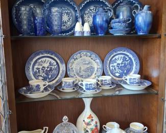 Mexican drip glaze, blue enamelware, blue willow, lighted china cabinet