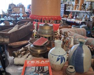 Pottery and a brass spitoon