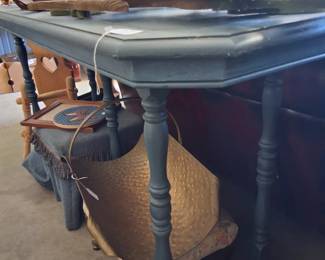Great blue sofa table and brass log holder