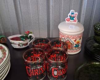 Christmas plates and glasses and green glass