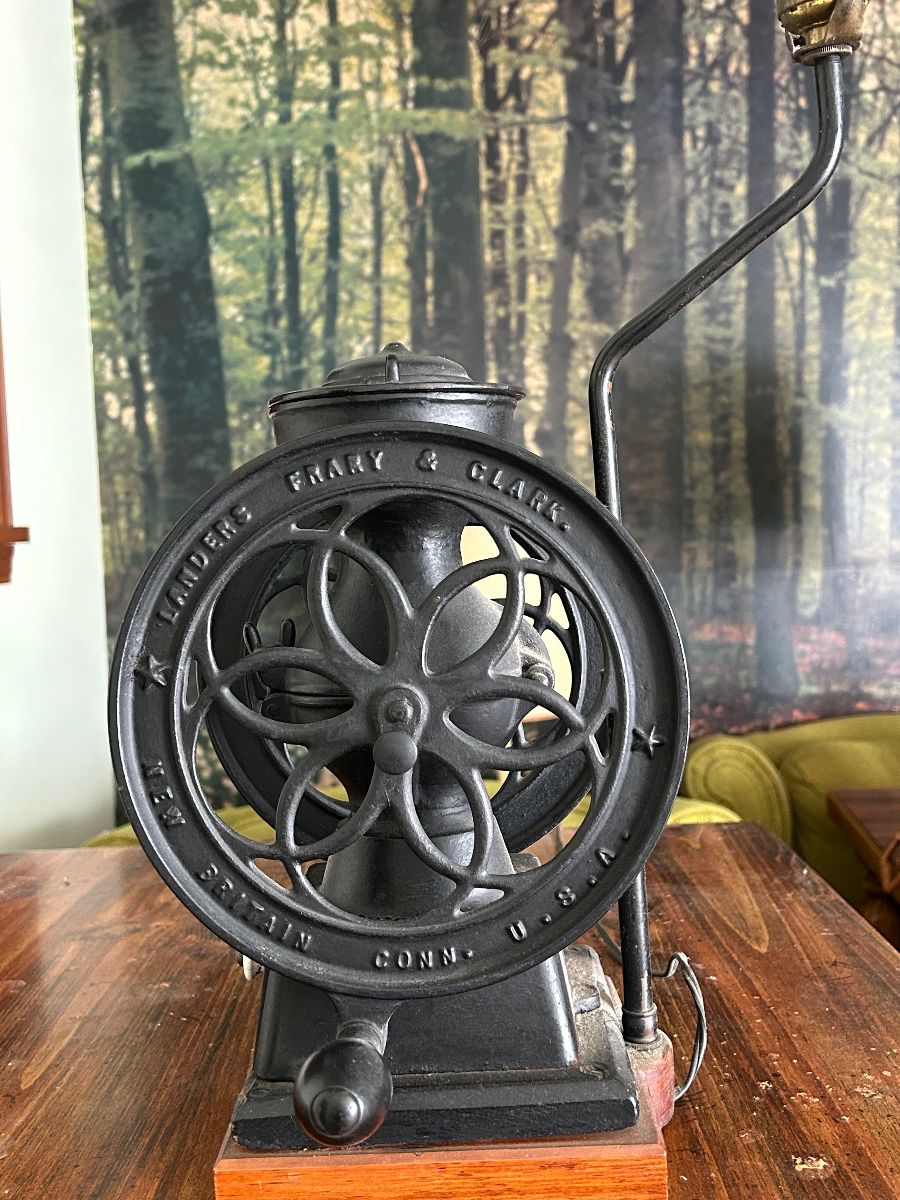 Antique Cast Iron Coffee Mill Lamp Landers Frary & Clark Crown No 20 Double Wheel