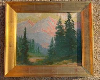 Vintage Dave Stirling Estes Park, Colorado mountain landscape oil painting featuring Rocky Mountain scenery with pine trees and snow-capped peaks. Nicely framed Western landscape artwork by the listed Colorado artist, known for his Estes Park and National Park scenes. A beautiful cabin, lodge, or mountain home decorator piece.