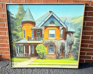 Darrel Hill architectural painting depicting a striking Victorian residence with turreted design and vibrant color palette. Darrel Hill is known for his detailed architectural and Americana subjects, often capturing the character and charm of historic homes and structures. A colorful and decorative work with strong visual appeal.
