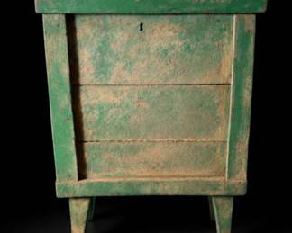 Early painted grain bin / sugar chest with old worn green paint and exceptional surface patina. Simple vernacular construction with tapered legs and lift-top form. Kentucky rural utility piece, reportedly from the Herndon, KY area. Strong primitive character with authentic age and use wear.