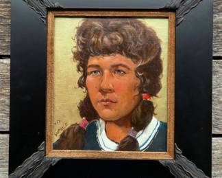 Mel Gerhold (American, b. 1928) - "Ranch Girl" Original Oil on Canvas, c. 1960 Original oil on canvas by Mel Gerhold, an American Western and Native American artist known for his expressive portraits of working cowboys, ranch figures, and Indigenous subjects of the American Plains and West. This painting, titled Ranch Girl, dates to approximately 1960 and is signed lower left.