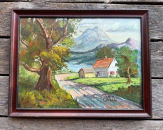 Original Landscape Oil Painting Signed "Leta Dinell" Artist: Leta Dinell (signed lower left) Medium: Oil on canvas board Frame: Framed in decorative wood frame Description: Charming landscape oil painting depicting a cottage nestled beneath a large tree with mountain backdrop. The composition features expressive brushwork, vibrant greens, and soft blue mountain tones, giving the scene a peaceful countryside atmosphere. Signed "Leta Dinell" lower left. The work has a strong vintage decorative appeal and would fit beautifully in cottage, farmhouse, cabin, or traditional interiors.