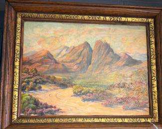 Clarence Shepard landscape featuring a dramatic mountain scene with colorful desert foreground and strong decorative appeal.