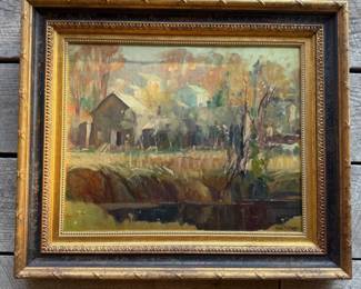 Edward Thomas Grigware (1889-1960) "On the Canal Near New Hope, Pennsylvania" Oil on canvas mounted on board, c. 1920-1930 Artist: Edward Thomas Grigware (American, 1889-1960) Medium: Oil on canvas mounted on board Size: 16 x 20 inches (sight) Signature: Signed lower right Period: Circa 1920-1930 Frame: Period gilt frame Description: Impressionistic canal landscape by listed American artist Edward Thomas Grigware, depicting a quiet rural scene near New Hope, Pennsylvania. Painted circa 1920-1930, the composition features barns and structures reflected along the water with soft autumnal tones and expressive brushwork. Grigware studied at the Chicago Academy of Fine Arts and exhibited at the Art Institute of Chicago. He later became known for his Western landscapes in Wyoming