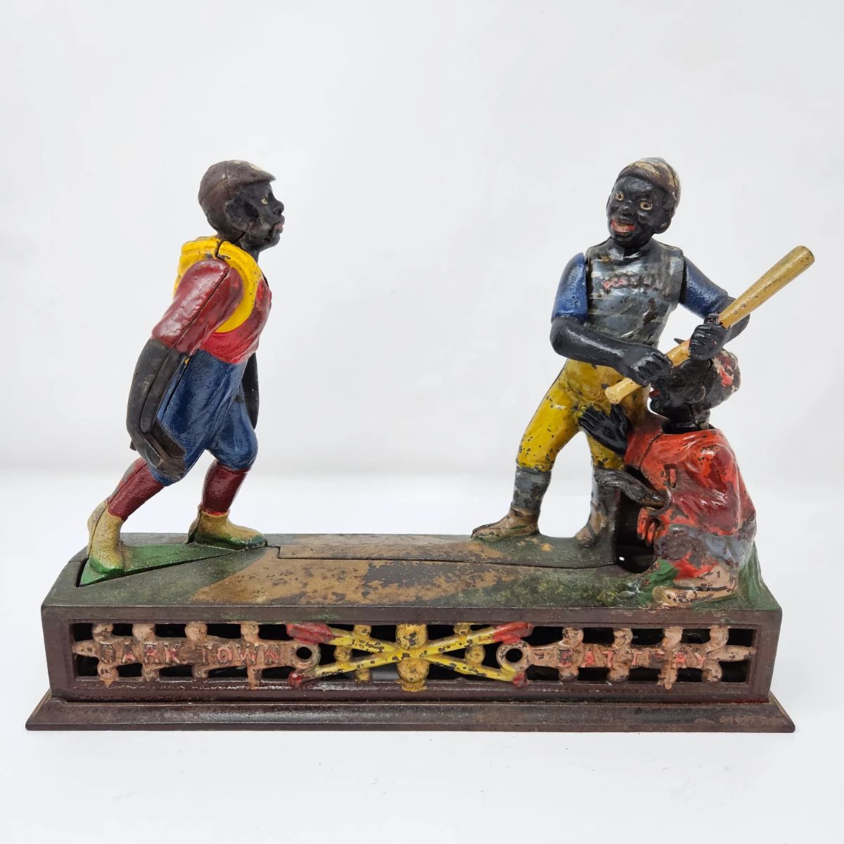 Antique Cast Iron Dark Town Battery Mechanical Bank – Black Americana Baseball Bank - WORKS! See Video