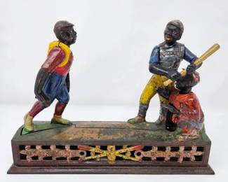 Antique Cast Iron Dark Town Battery Mechanical Bank – Black Americana Baseball Bank - WORKS! See Video