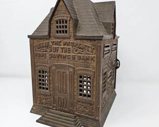 Antique Cast Iron Home Savings Bank Building Bank Attributed J & E Stevens - Weighs 10 Pounds!