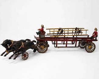 Antique Cast Iron Horse Drawn Fire Ladder Wagon Toy w Horses 26.5" (Carpenter?)