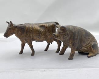 Lot #18 - Farm Animal Cast Iron Still Banks - Cow and Pig Antique Figures