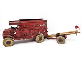 1930s Hubley Bell Telephone Cast Iron Toy Truck w Pole Trailer Driver Figure