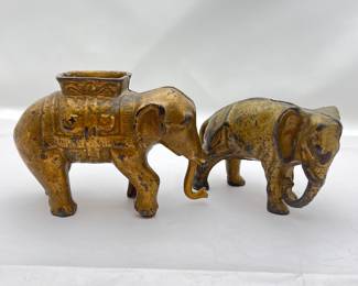 Lot #10 -Pair of Antique Cast Iron Still Bank Elephant Figures with Gold-Tone Finish, and Patina