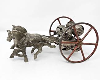 Antique Cast Iron Double Horse Jingle Bell Pull Toy Red Spoke Wheels 7” (Possibly Watrous)