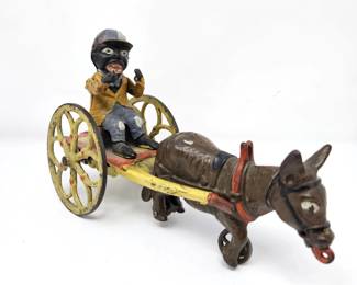 Antique Cast Iron Donkey Cart Pull Toy Mechanical Rider 8” Long possibly J&E Stevens or Hubley