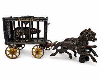 Antique Cast Iron Royal Circus Horse Drawn Bear Cage Wagon Toy w/ Removable Bear - Possible Hubley