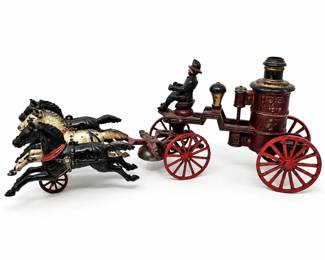 Antique Hubley No 228 Cast Iron Horse Drawn Fire Pumper Wagon Toy