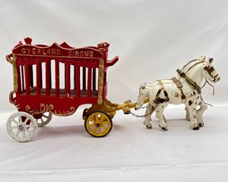 Lot #26 -Antique Cast Iron Overland Circus Wagon with Hitch and Horses