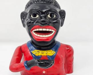 Antique Cast Iron Mechanical Coin Bank Jolly Black Americana Bank Red Jacket - Works!