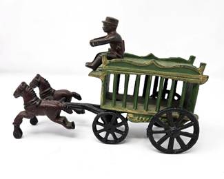 Antique Cast Iron Horse Drawn Circus Cage Wagon Toy w Driver & Horses Married Set