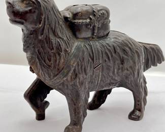 M Lot #4 -Antique Cast Iron Saint Bernard Dog Still Bank w/ Pack Saddlebags