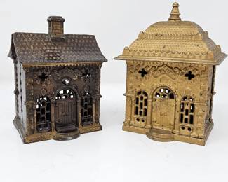 Pair Antique Cast Iron Roof Still Banks House Cottage Building Coin Banks (Possible Stevens or Grey Iron Casting)