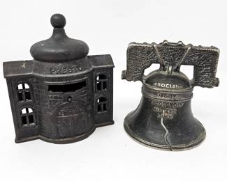 Antique Cast Iron Bank Lot Presto Bank Building & Arcade Liberty Bell Bank